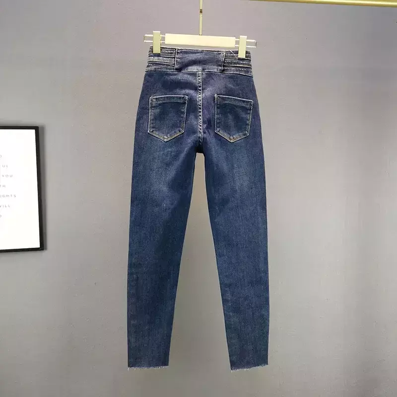Calça jeans azul de cintura alta feminina, jeans skinny elástico, algodão elástico, perfuração quente, azul, primavera, outono, novo, 2022