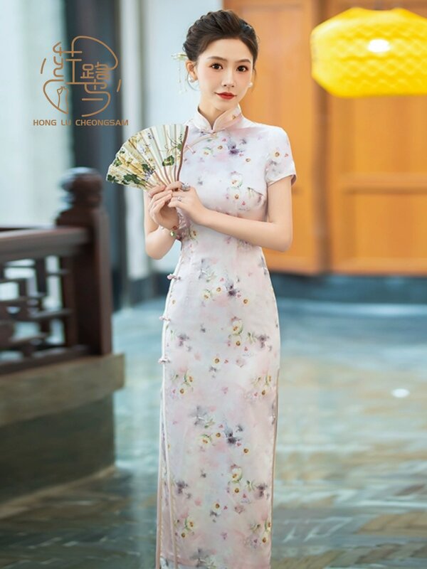 【HONGLU】2024 The New Hand-sewn Mulberry Silk Cheongsam High-end Temperament Chinese Style Elegant Qipao