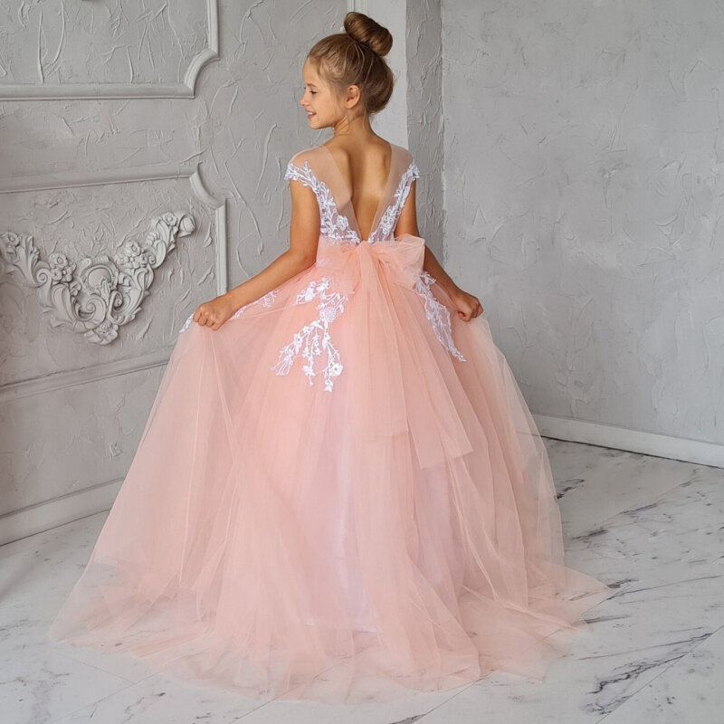 Pink Flower Girl Dresses Tulle Puffy Lace Applique With Bow V-back Sleeveless For Wedding Birthday Party First Communion Gowns