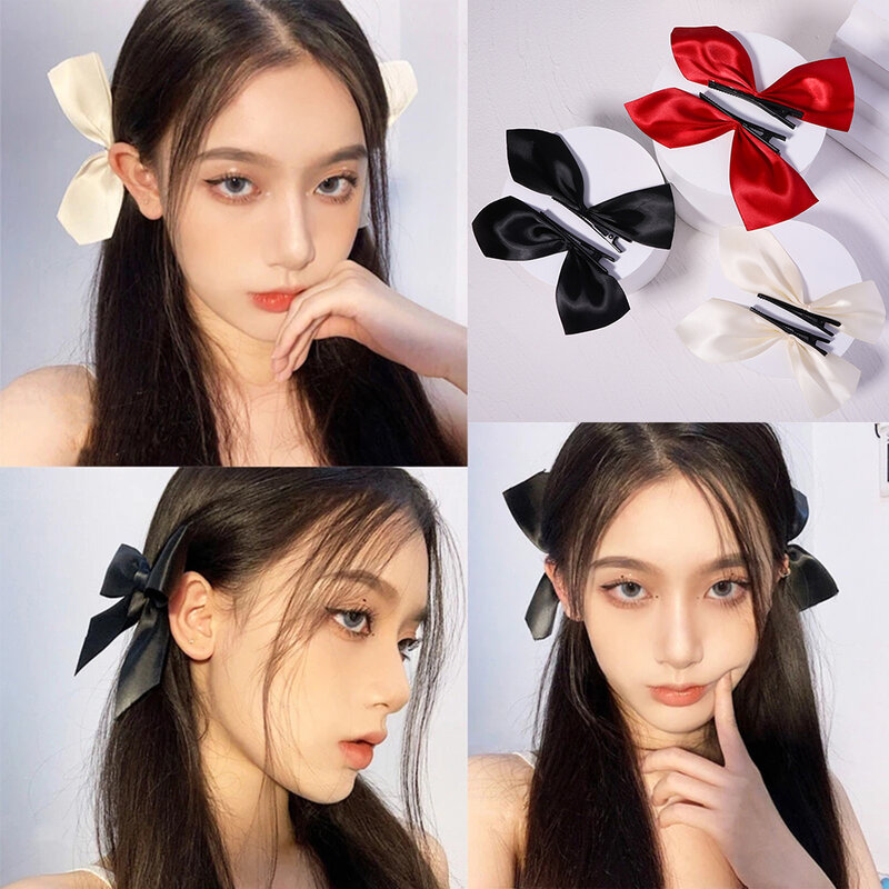 2pcs Black White Ribbon Hair Bows Clips Vintage Bowknot Side Hairpin Cute Girls Barrettes Headdress Hair Accessories for Women