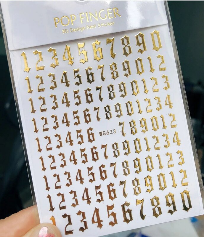 Oude Engelse nummers nail art sticker zelfklevende wrap 3d polish levert retro letter alfabet wit/goud/zilver nagel stickers
