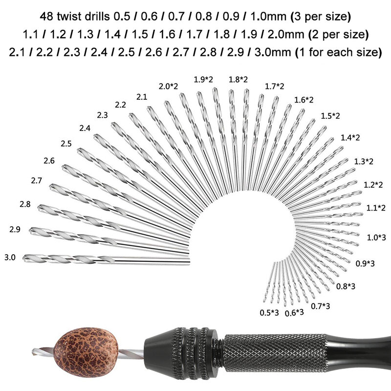 49 pcs de precisão pin vise brocas passatempo com brocas de mão torção modelo definido para diy perfuração acessórios ferramenta de madeira
