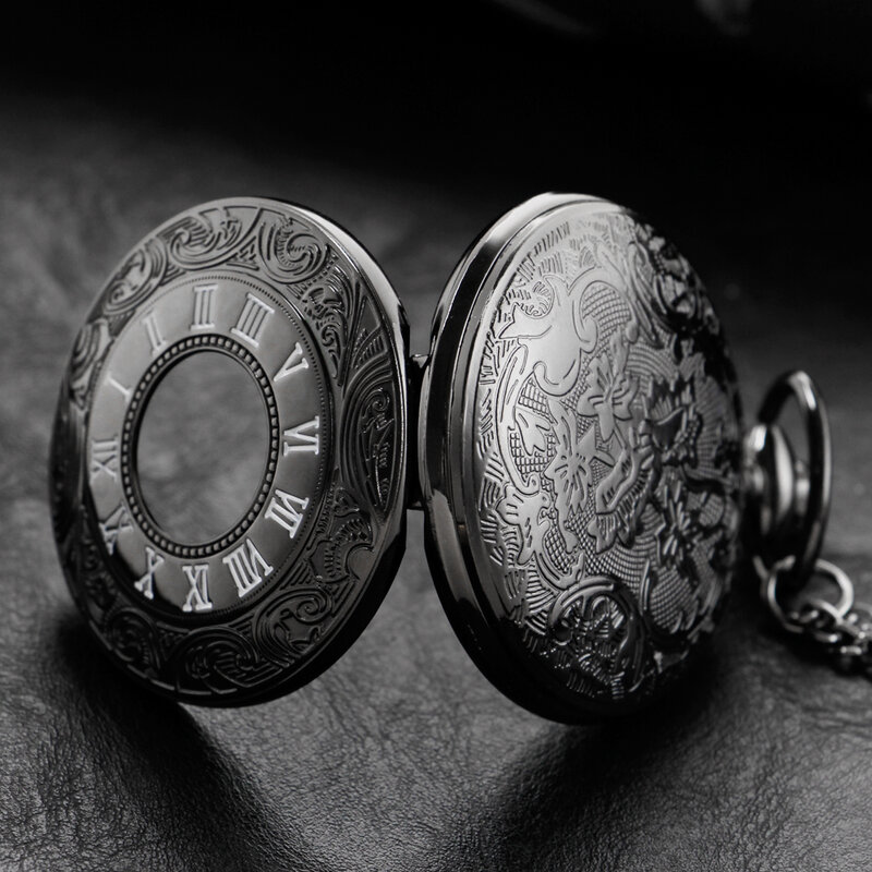 أسود حرفي الرومانية الرقمية ساعة جيب كوارتز جودة عالية للجنسين قلادة كرونوغراف قلادة الرجال والنساء ساعة الجيب
