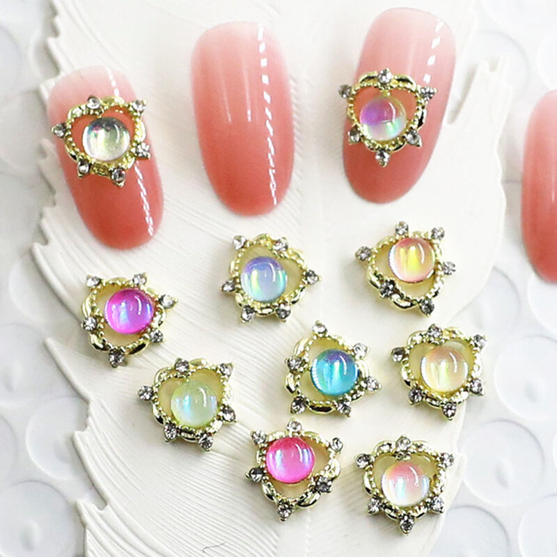 10 pçs/lote 3d coração diamante arte do prego encantos liga colorido pedra preciosa acessórios 10mm bela menina manicure strass jóias