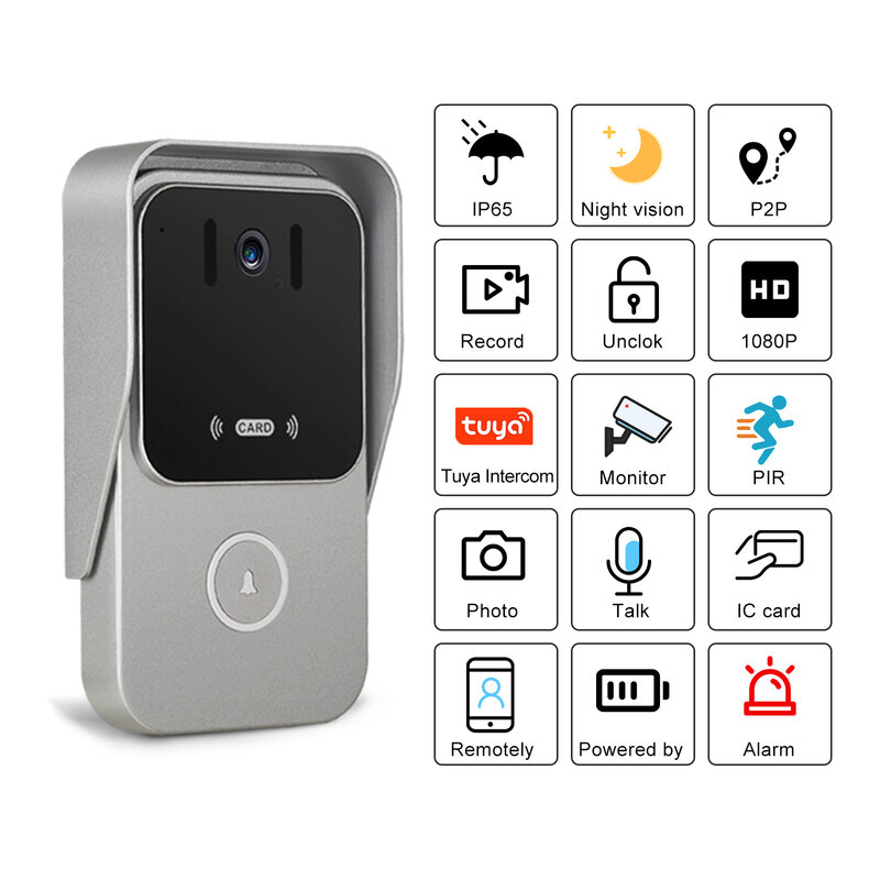 WiFi Bel Pintu 1080P Tuya Video Pintar Interkom Telepon dengan Merekam Kartu RFID IR Fungsi Buka Kunci IP Bel Pintu Kamera Keamanan