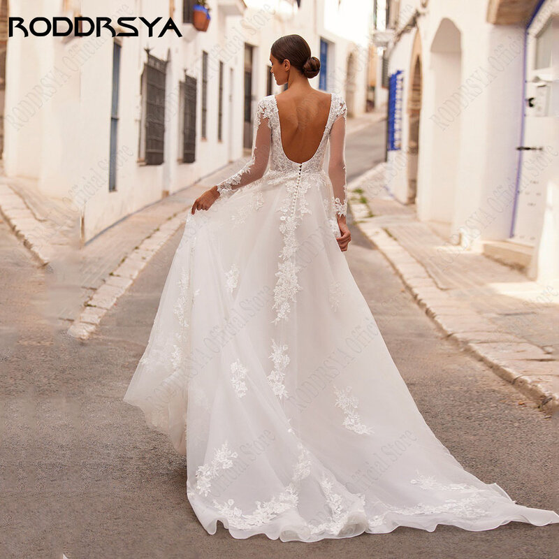 Roddrsya-Vネックのウェディングドレス,背中の開いたレースのウェディングドレス,長袖,アップリケ付きチュール,Aラインのドレス,ブライダルガウン,カスタムメイド