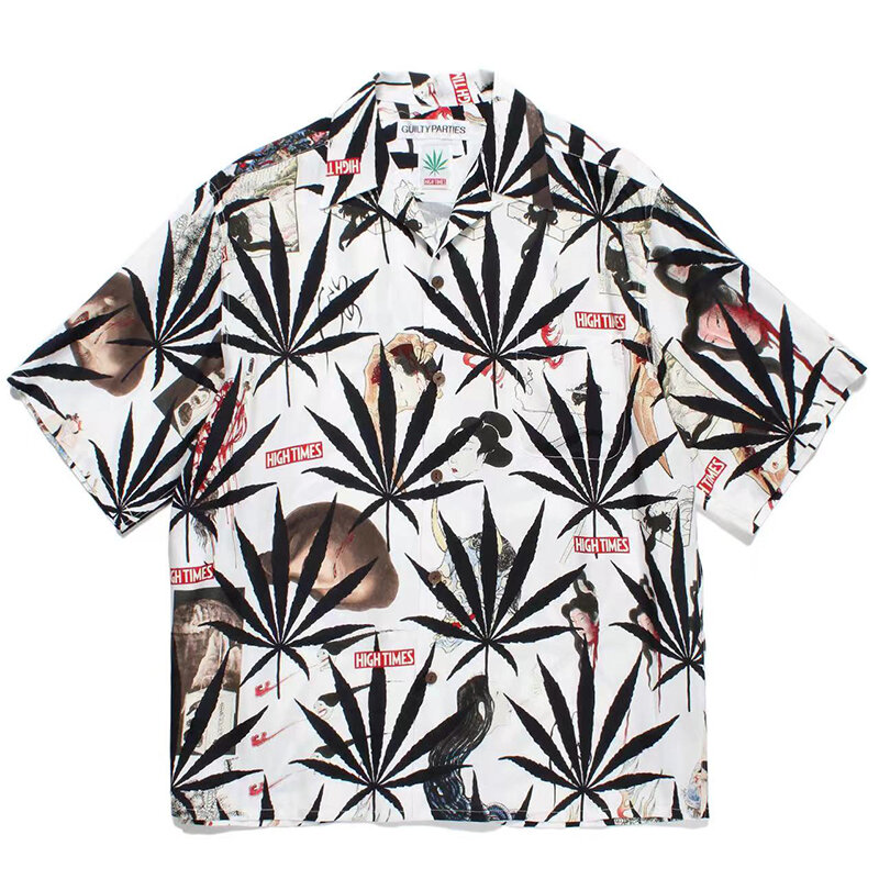 남녀공용 Y2k 잎 프린트 짧은 셔츠, 일본 하이 퀄리티 스트리트웨어, 최신