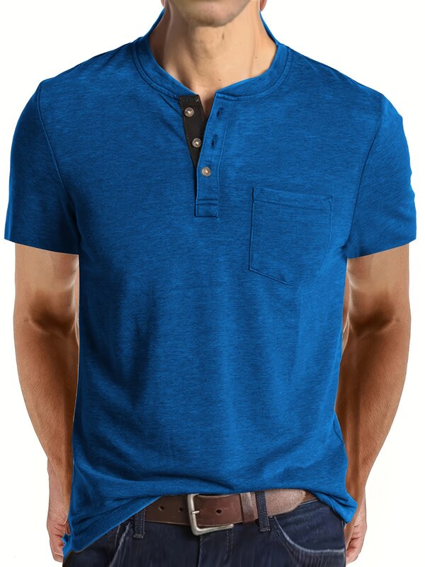 대형 남성용 반팔 티셔츠, 헨리 티셔츠, 대형 컬러 블록 티셔츠