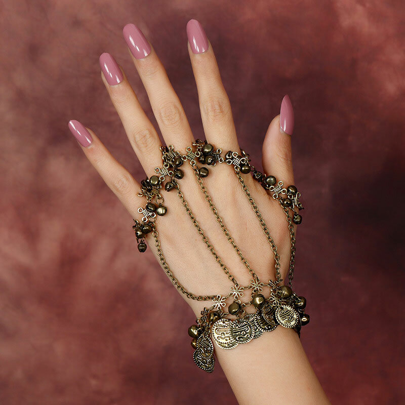 Gelang Bohemian wanita, perhiasan gelang cincin bel koin Vintage, gelang rantai punggung tangan tari perut, dekorasi tangan