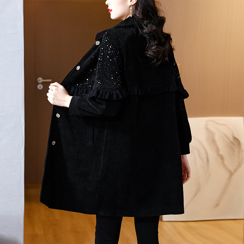 2023 Autumn/Winter New Cashmere Jacquard Stripe Printed Windbreaker Women's Sequin Decoration Loose Large Slim Coat