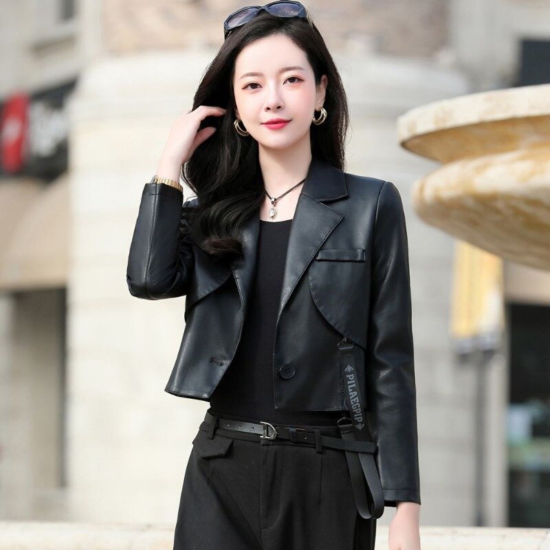 Women's Slim Fit Short Leather Jacket, Female Fashion, Monochromatic, Casual, Versatile Sheepkin Leather Outwear, Temperament