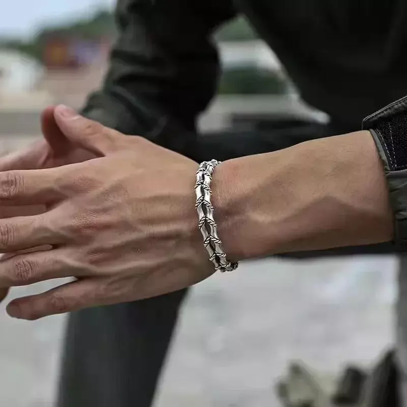 UMQ S925 srebrna tajska srebrna ręcznie tkana dwuwarstwowa bambusowa bransoletka męska osobowość Vintage otwarta bransoletka męska łańcuch ręczny
