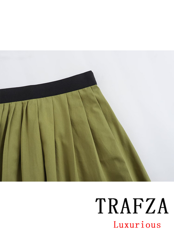 Женский винтажный костюм TRAFZA, однотонный зеленый костюм с прямым длинным рукавом, пальто со складками и длинная юбка, весна-лето 2024
