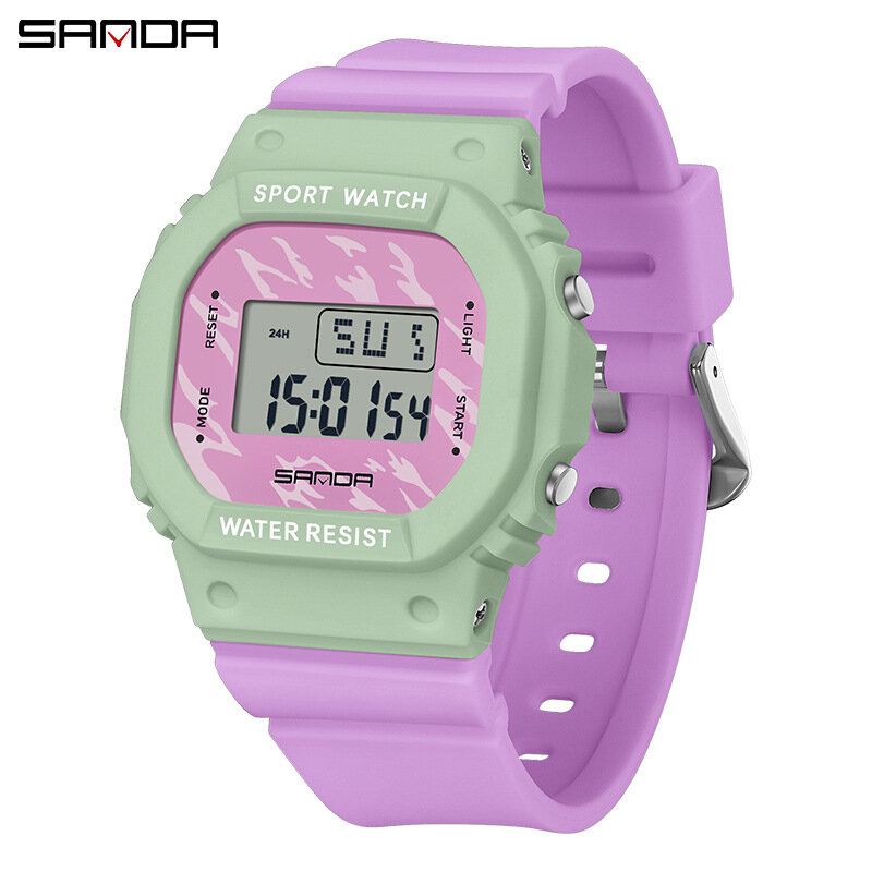 SANDA 393 Student kwadratowy zegarek elektroniczny sporty rekreacyjne wodoodporna lampka nocna zegarki na rękę z silikonowym paskiem dla chłopca zegar dziewczęcy