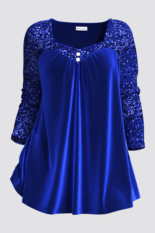 Flycurvy Plus Size Casual Royal Blue Velvet Sparkling Sequin Patchwork Square Neck Shirt