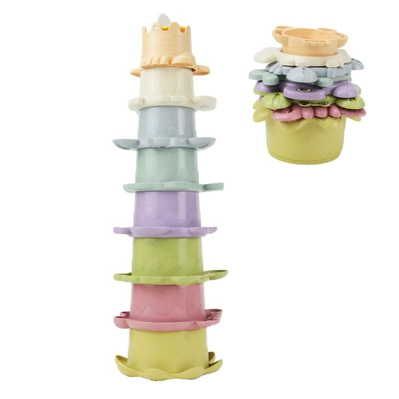 유아 스태킹 컵 세트, 유아 8 개 쌓을 수 있는 장난감 컵, 숫자와 동물 모양, 유치원 전 목욕물 장난감