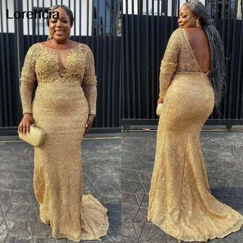 Lorencia African Gold Lace Mermaid Evening Dress Women Elegant Prom Dress Applique Long Sleeves Party Gowns Robe De Soiree YPD10