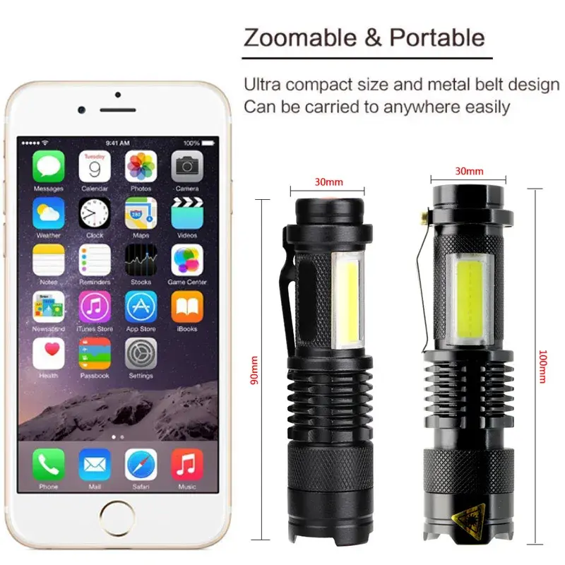 Mini lampe de poche noire étanche à lumière LED, torche Portable avec Zoom, alimentée par piles AA 14500, Q5 COB, 2000LM