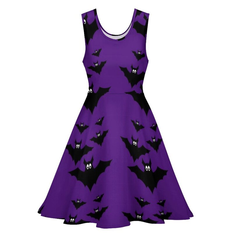 Halloween vestido de negro y morado para mujer, ropa informal con estampado de murciélagos voladores, talla grande