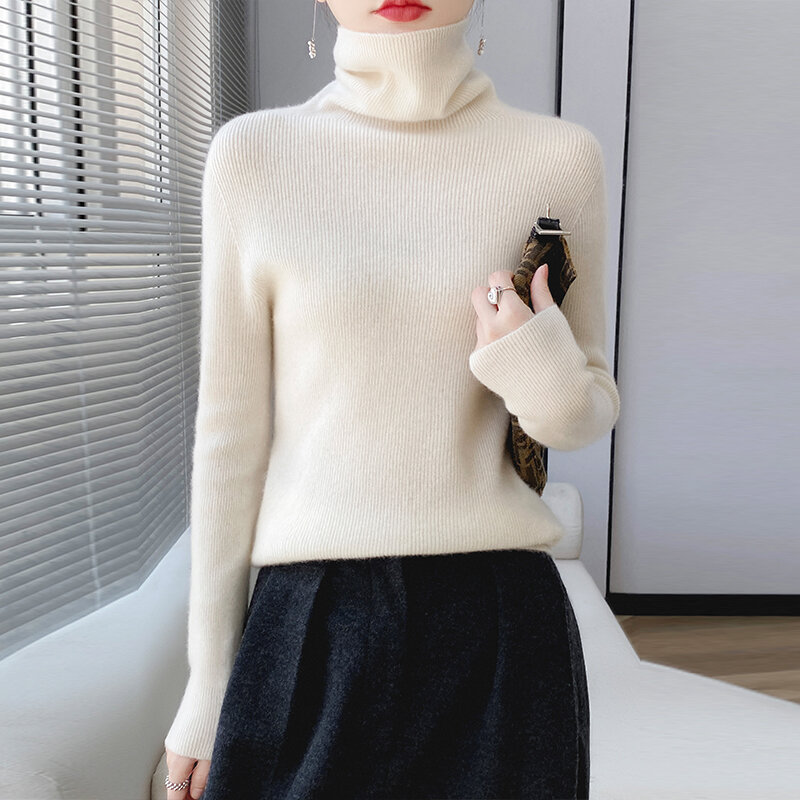Sweater wol hangat wanita, baju hangat berleher tinggi warna solid ramping musim gugur dan musim dingin 100%