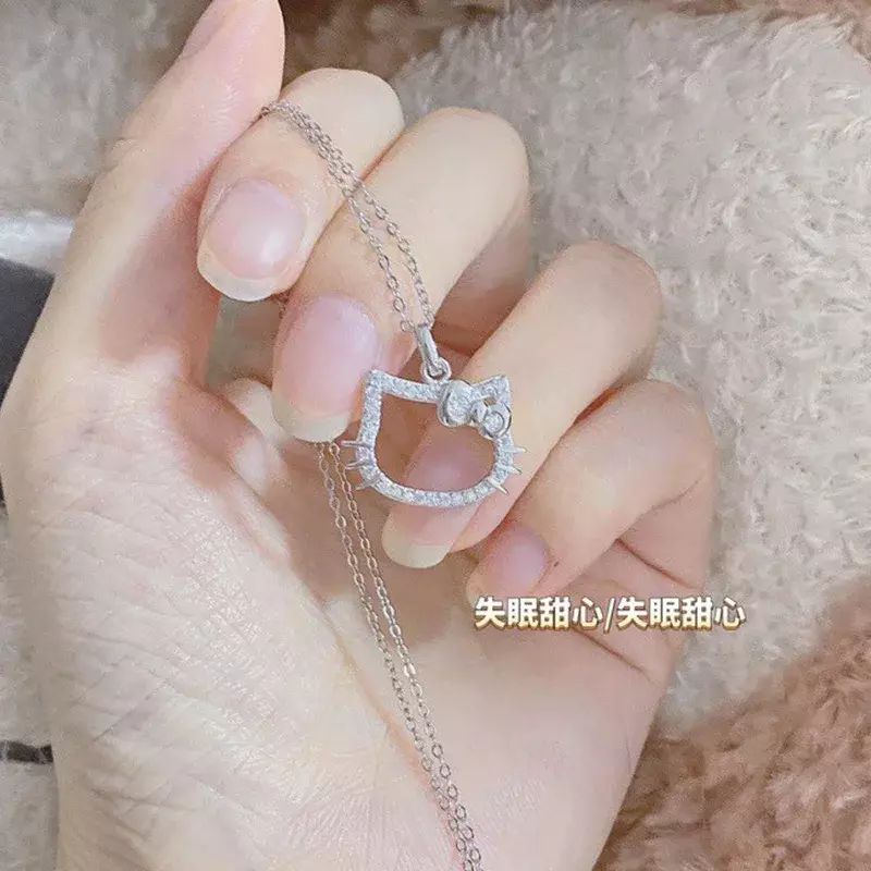 Kawaii Hello Kittys Diamond Necklace Fashion Girl Sexy Pendant Cartoon Cute Silver Ring Ins Style Woman Holiday Gift