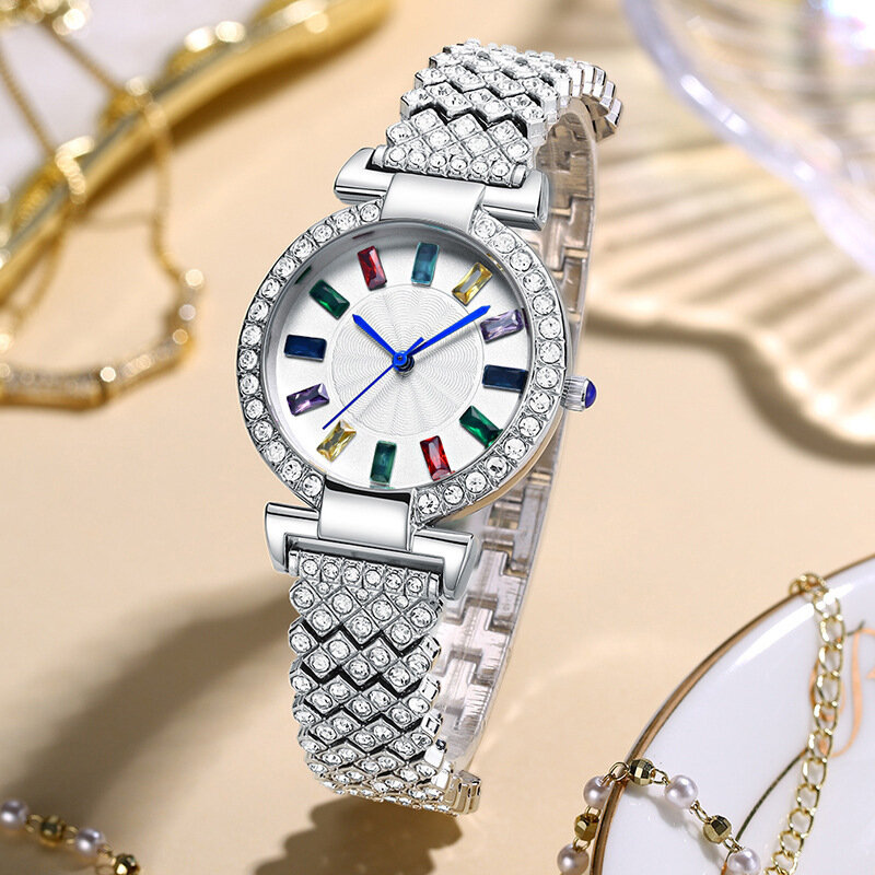 女性用スチールストラップ付き大型時計,女性用高級時計,ダイヤモンド,気質,カラー,高級