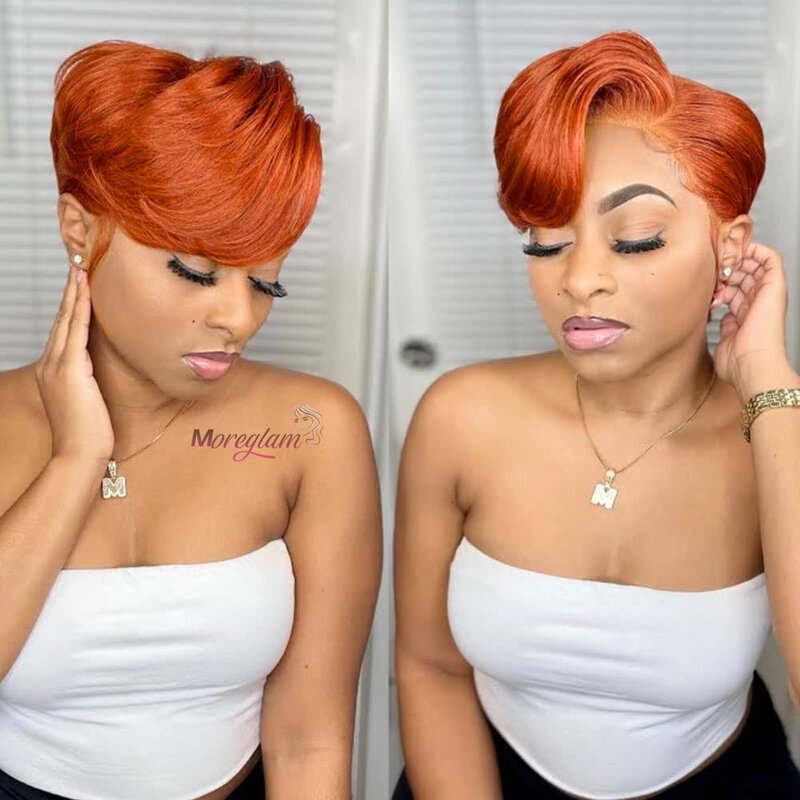 Pixie Cut Human Hair Pruiken Oranje Pruik 13 × 4 × 1 T Deel Kant Pruik Gember Steil Kort Mensenhaar Pruiken 6Inch Lijmloze Haar Pruik 180%