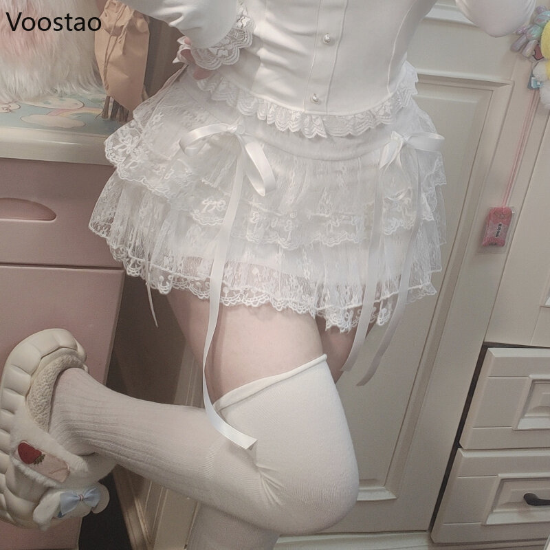 White Sweet Lolita Cake Skirt Women Harajuku Kawaii Bow Lace Mesh Mini Skirts Female Japanese Cute Y2k Ruffle Short Skirt Summer