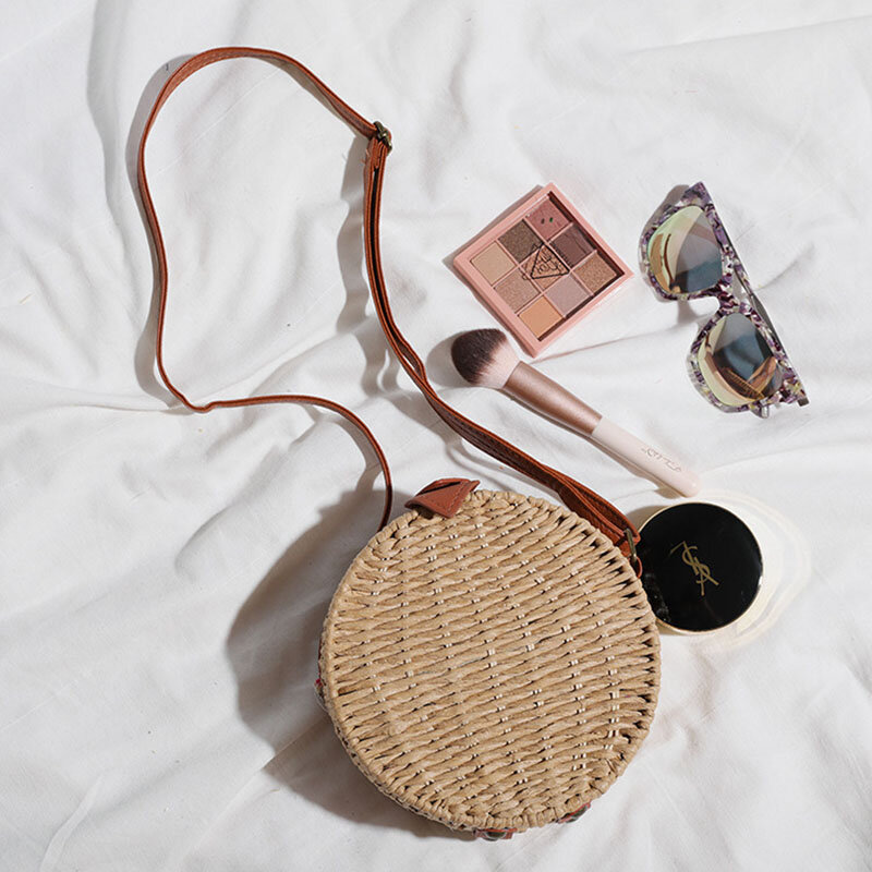 NEW Handwoven Round Straw Bag Shoulder PU Leather Straps Natural Crossbody Bags for Women Round Purse Beach Bag Vacation