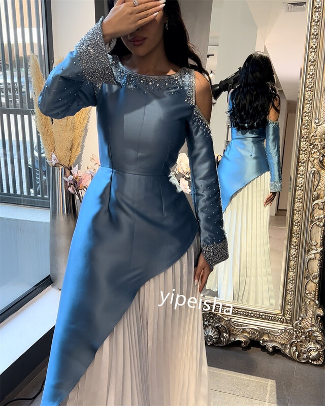 Prom Dress Satin Beading Draped Party A-line O-Neck Bespoke Occasion Gown Long Dresses Saudi Arabia