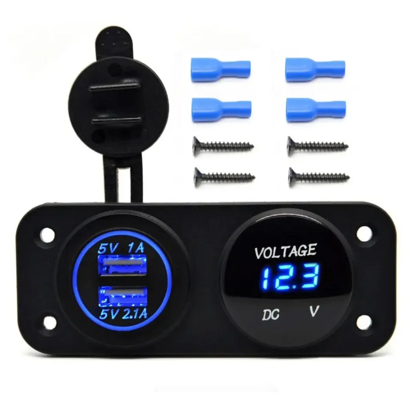 Adaptor pengisi daya Outlet soket daya Port USB ganda 12V 24V cocok untuk mobil, sepeda motor, perahu 3,1 A + Voltmeter LED