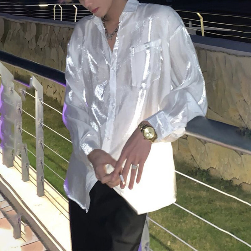 Рубашка мужская Глянцевая с длинным рукавом, Повседневная модная универсальная блузка с лацканами, уличная одежда ЛГБТ, цвет белый, весна-осень