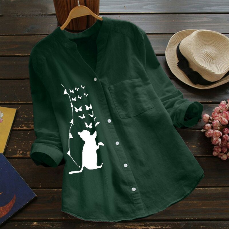 بلوزة قطنية من الكتان مطبوع عليها قطة للنساء ، قميص كاجوال برقبة على شكل حرف V ، قميص بأكمام طويلة ، أزرار لأسفل ، ملابس صيفية ، جديد
