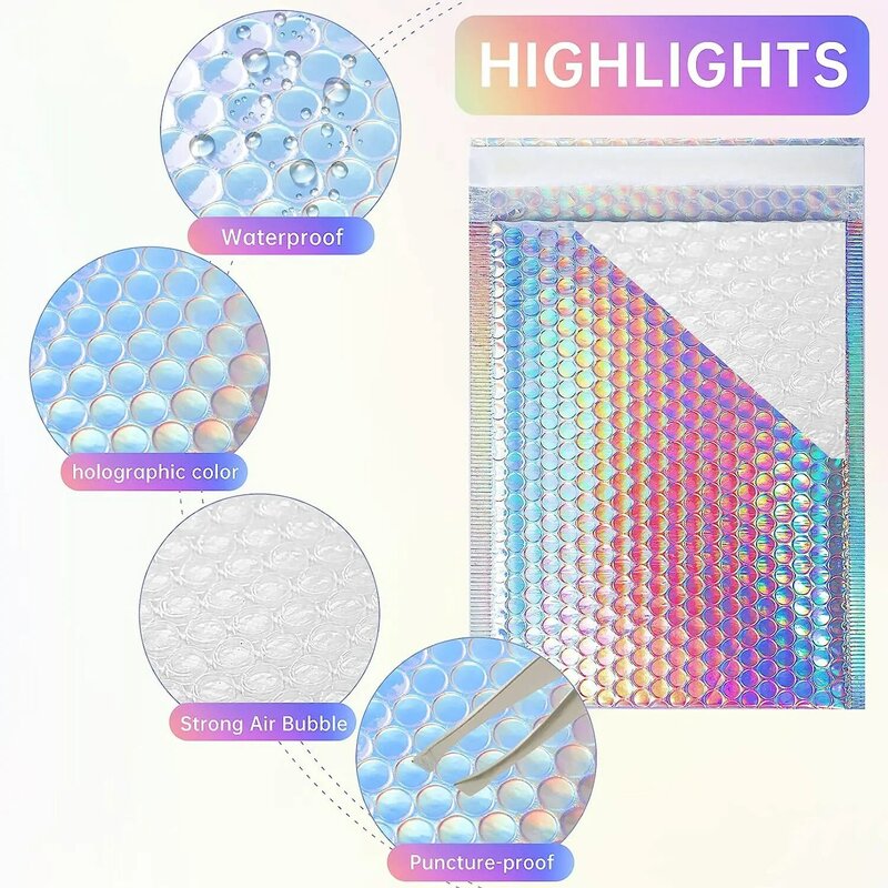 100 Stuks Holografische Laser Zilver Bubble Mailer Envelop Waterdichte Koerierstas Gewatteerde Bubble Envelop Verpakking Voor Verzending