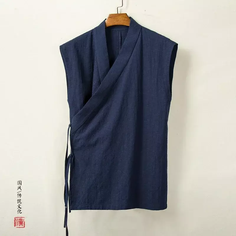 Chaleco Hanfu tradicional chino para hombre, Top sin mangas de algodón y lino, traje Tang, cárdigan Kimono, Top con abertura