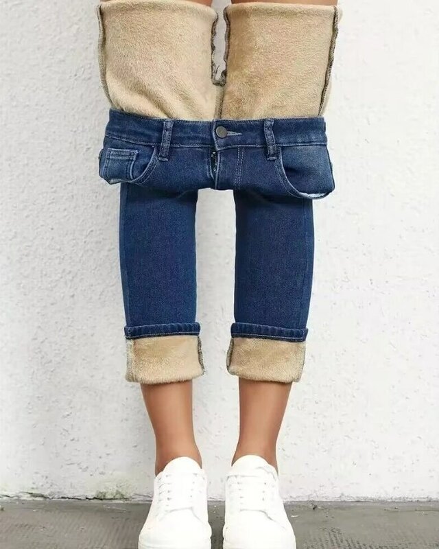 Jeans wanita kasual 2023 modis biru tua desain saku pinggang tinggi bulu domba dasar serbaguna berjajar Jeans kurus