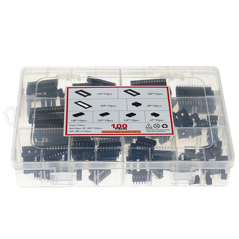100Pcs/Box 2.54mm Pitch DIP IC Sockets Solder Type Adaptor Assortment Kit (6/8/14/16/18/24/28/40 Pins)