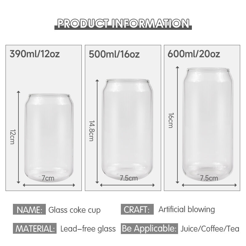 Taza de vidrio minimalista nórdica, utensilio transparente para beber café, vino, leche, cerveza, Cola, jugo, bebida fría, lata hecha a mano, 12 oz, 20oz