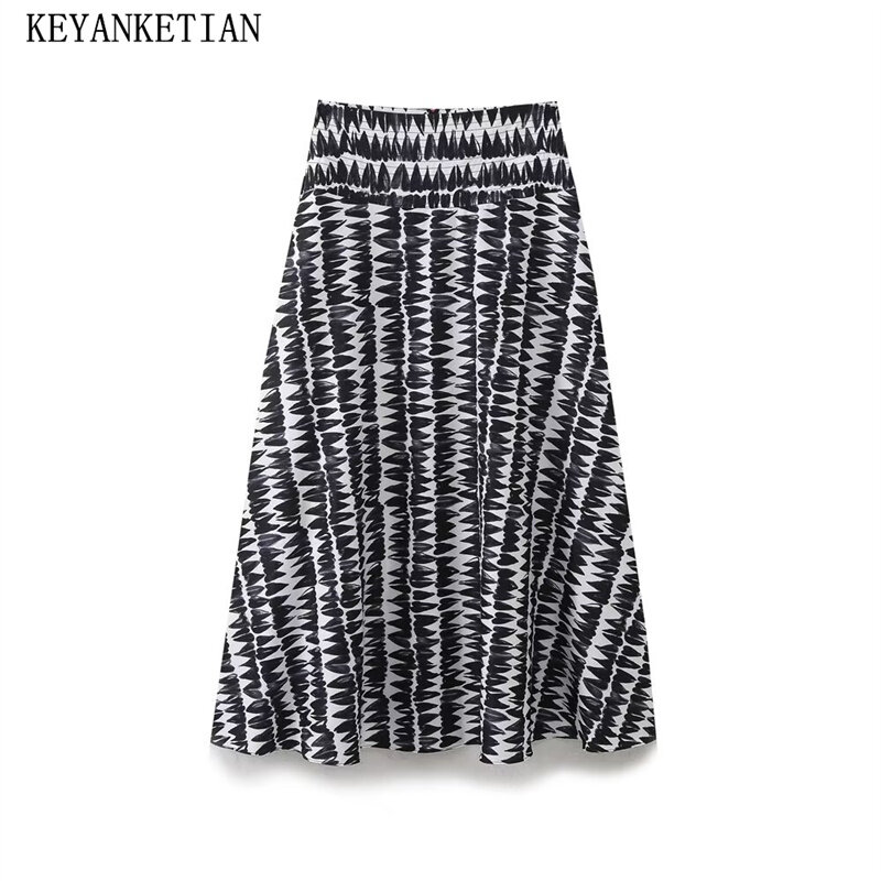 KEYANKETIAN-Falda MIDI con estampado de corazón blanco y negro para mujer, falda acampanada de cintura alta con cremallera lateral, novedad de 2024