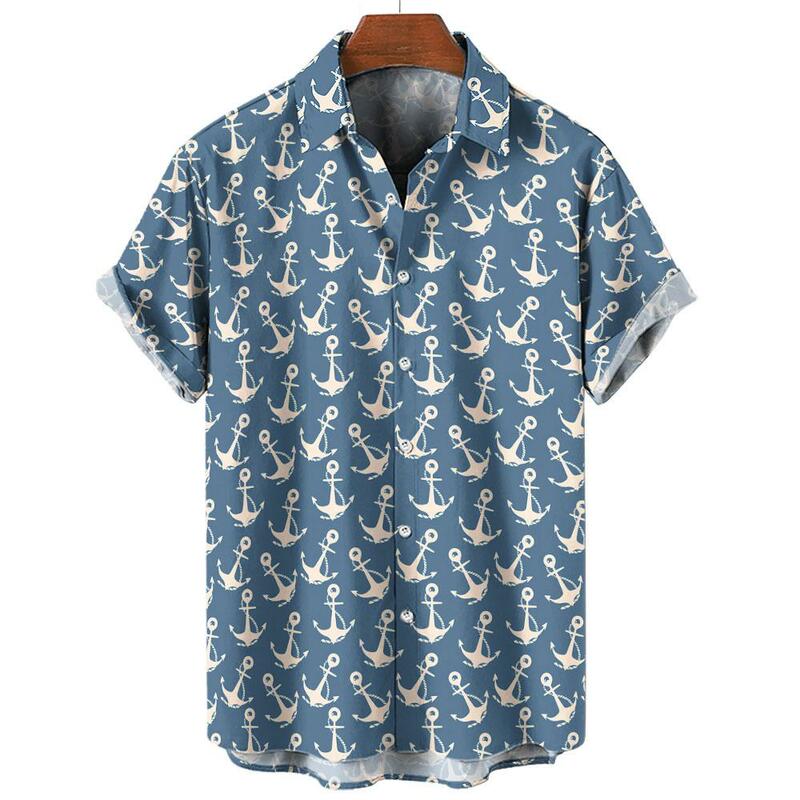 Camisa de manga corta con estampado de ancla de barco en 3d para hombre, ropa informal de verano, suelta, de gran tamaño, hawaiana
