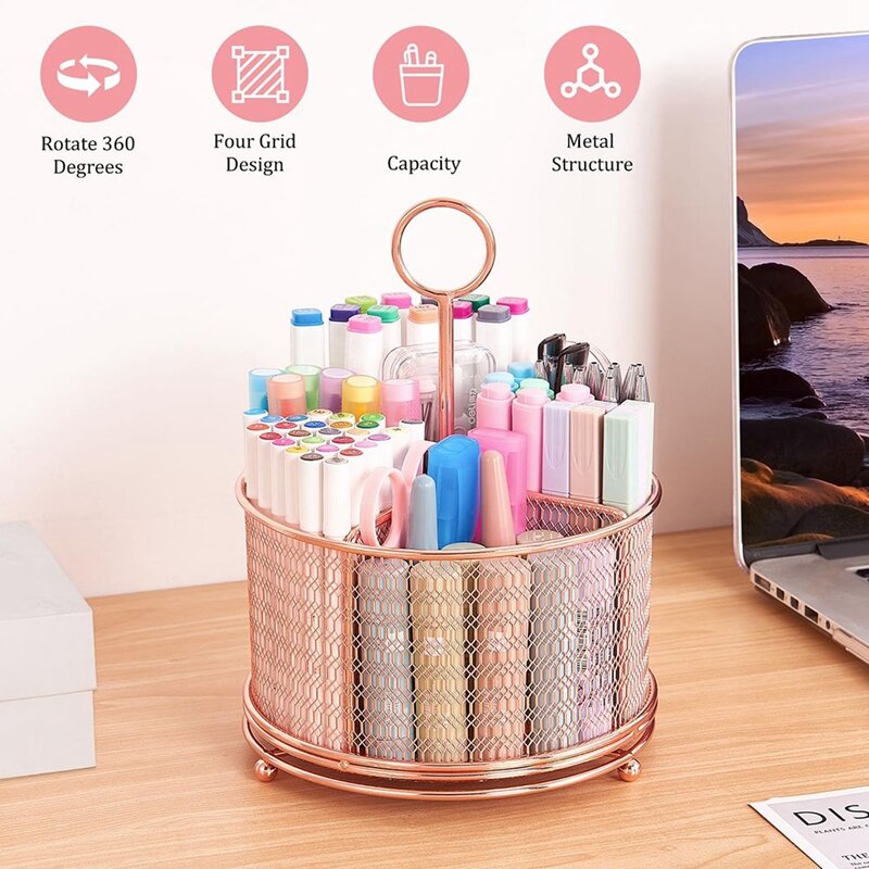 1 Piece 360°Degree Rotating Pencil Holder Pen Organizer With 4 Compartments For School, Classroom, Office 9X6.8In A