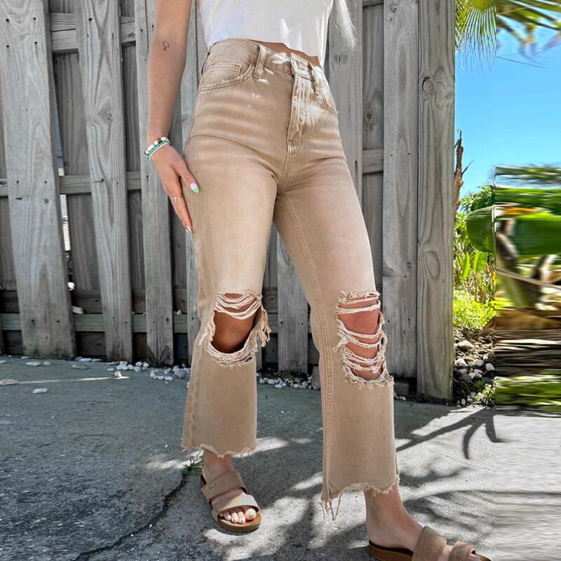 Женские джинсы высокого качества, винтажные женские рваные расклешенные джинсы с высокой талией, потертые джинсовые брюки с накладными карманами, свободные