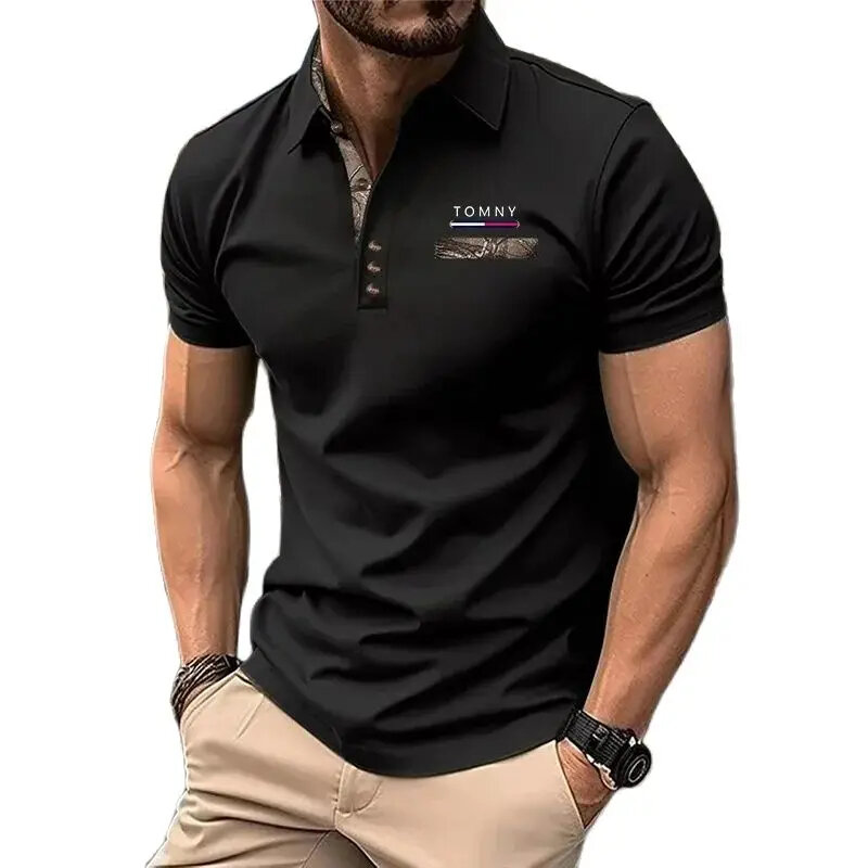 TOMNY-Polo masculino de botão para baixo com lapela, blusa esportiva respirável, moda verão, novo, 2024