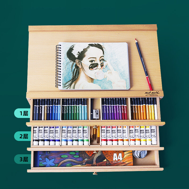 Premium Beech Wood Desk Storage Drawer 1/3-Drawer Storage Box Easel Portable Artist Desktop Case Store Art Paint Markers Pencil