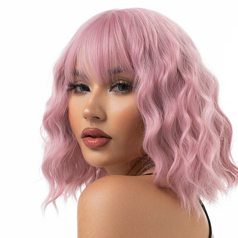 Synthetic Pastel Wavy Wig With Bangs Ladies Short Style Pink Wig Role Play Suitable For Girls Daily Use Wig