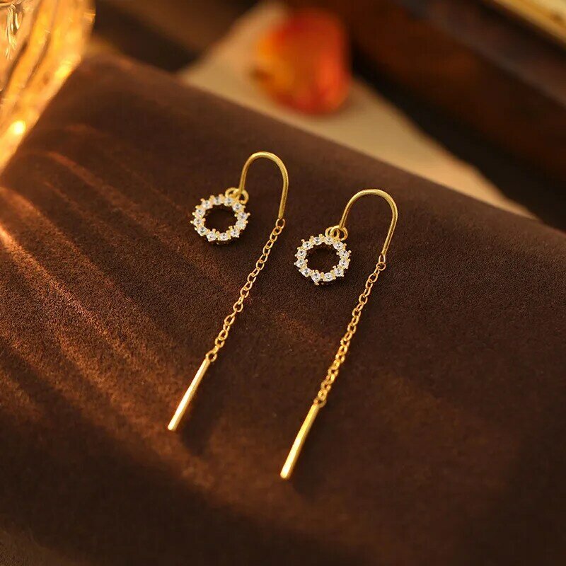 925 Sterling Silver Korean Geometric Inlaid Zircon Circular Tassels Earrings for Women Girl Temperament Jewelry