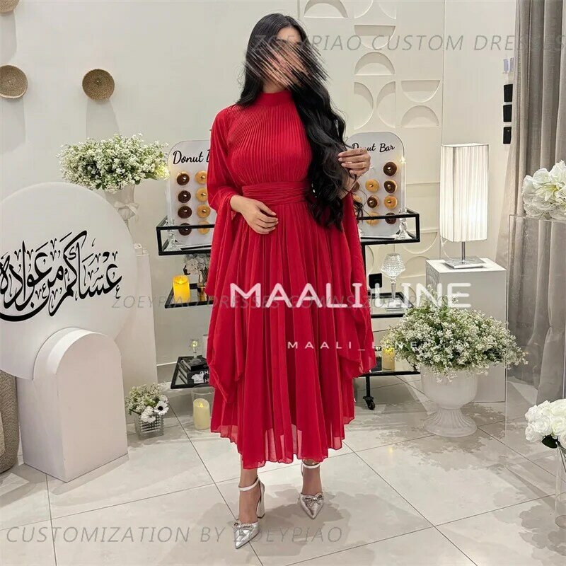 High Neck Short Chiffon Women Vintage Modest Prom Dresses Full Sleeves Dark Red Simple Evening Gowns 2024 Formal Party Dress