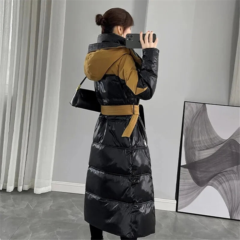 Woman ClothingLong Over Knee Down For Women, Bright Face, Black Splice Coat, New Fashion, Winter, 2024