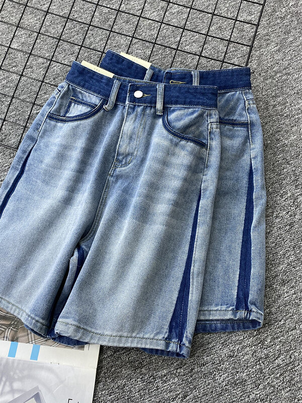 بنطلون جينز أزرق عالي الخصر صيفي للسيدات بنطلون جينز ضيق مقاس A Line Y2k غير رسمي ملابس الشارع الشهير Harajuku سروال قصير كبير الحجم