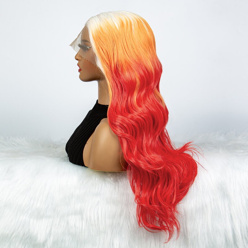 Wig rambut sintetis renda depan merah dengan gelombang tubuh bagian tengah wig renda akar putih wig Cosplay wanita tahan panas 26 inci